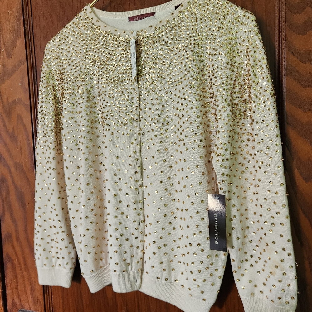 525 america  Cream And Gold Sequin Cashmere And Cotton Button Down Sweater